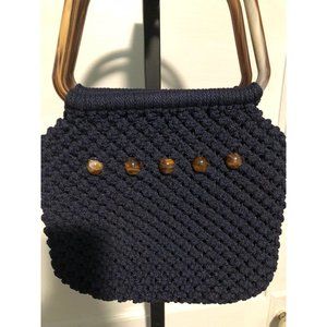 Vtg Blue Macrame Crochet Handbag Purse Tortoise Shell Handles